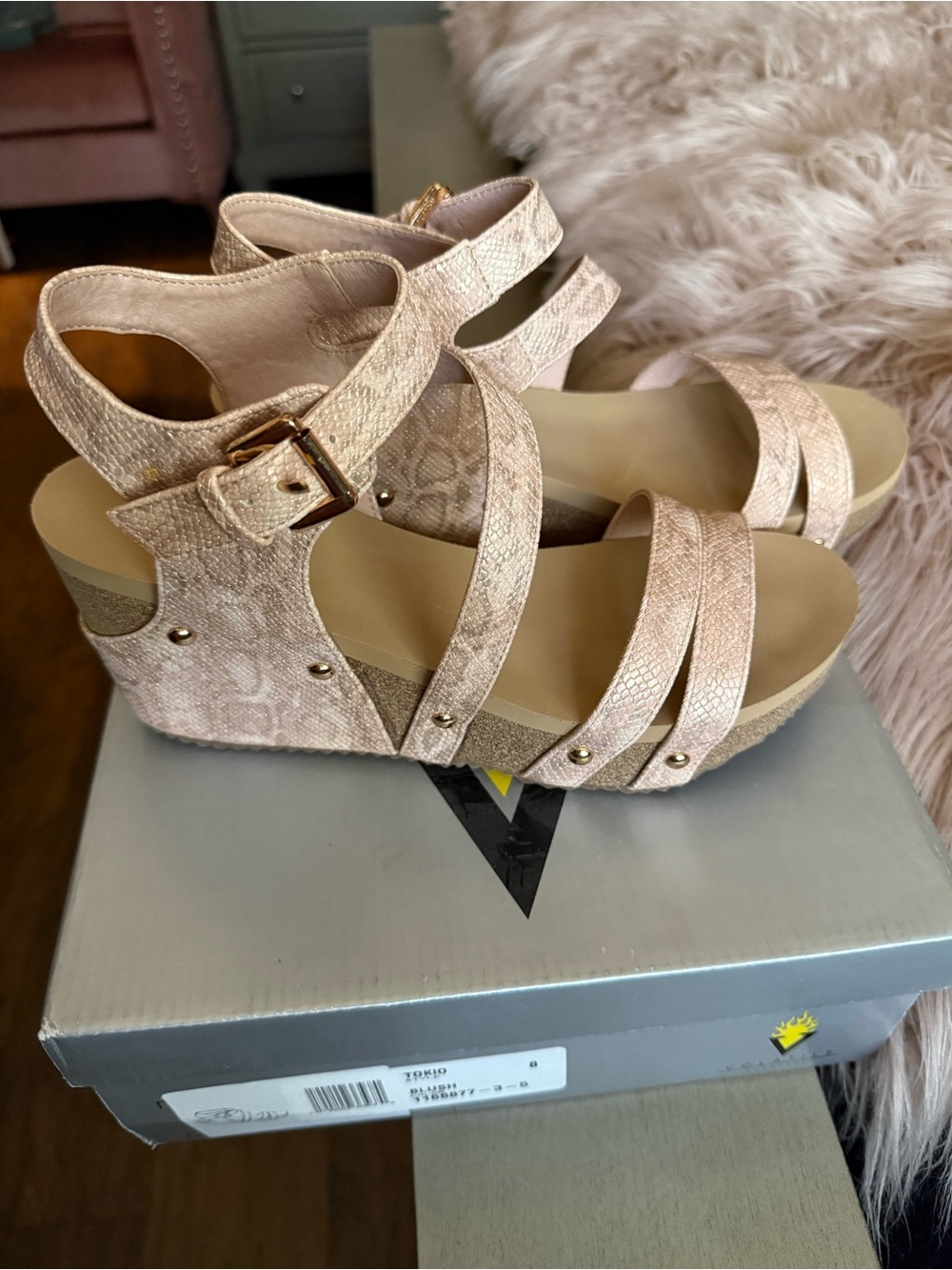 VOLATILE Womens Metallic Beige Wedge Sandals - Strappy Comfort